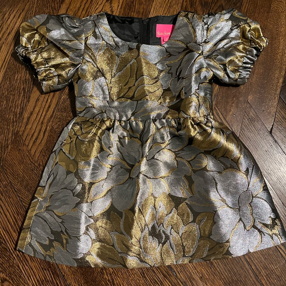Lilly Pulitzer 2T Mini Priyanka Dress Gold and Silver metallic peony brocade